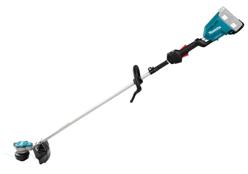 Pildil on Makita akutrimmer DUR368LZ, millel on iseloomulik sinine ja hall disain ning akupesa.