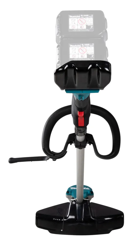 Pildil on Makita akutrimmer DUR368LZ ilma aku ja laadijata, millel on topeltkäepidemed ja kaitsmetega akuosa.
