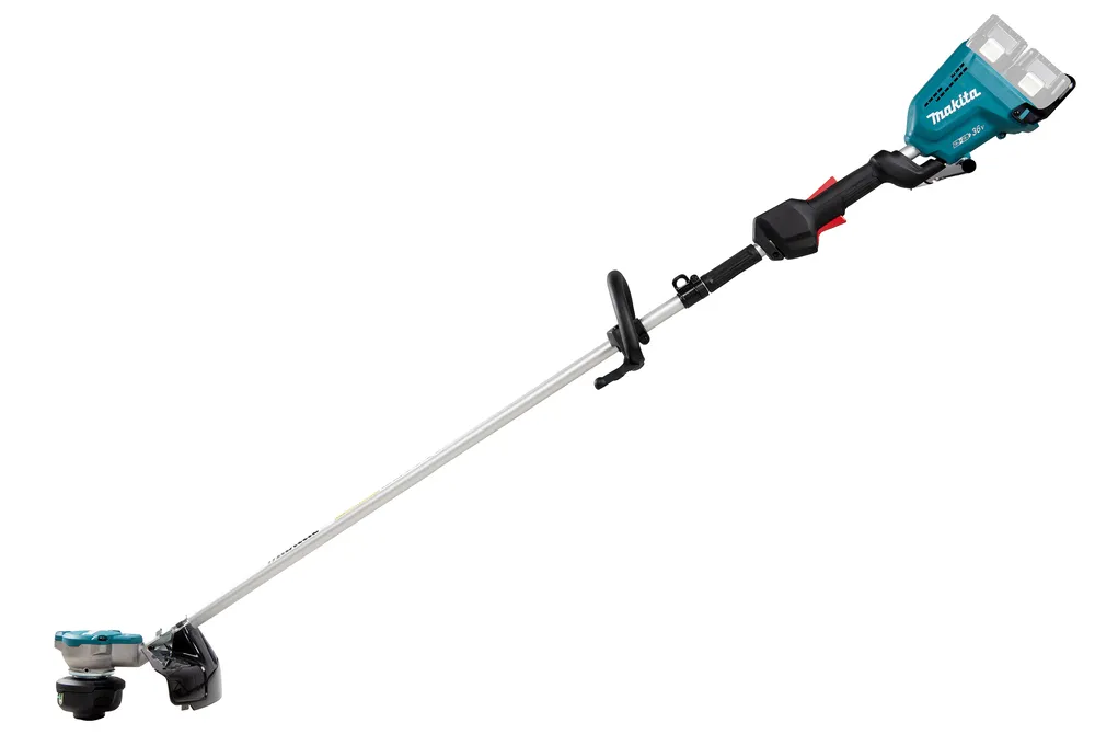 Pildil on Makita akutrimmer DUR368LZ, mis on näha oma pikil varrel, käepideme ja akupesadega, mis asuvad käepideme kohal.