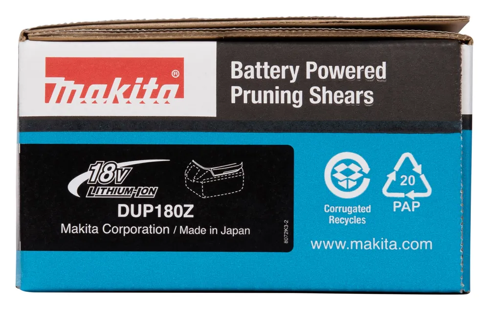 Pildil on kujutatud Makita akuga oksakääride pakend koos toote joonise ja selle omadustega.