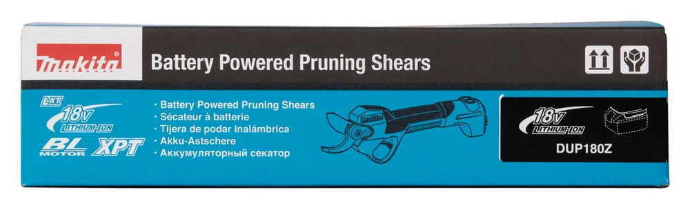 Pildil on Makita akuga oksakääride DUP180Z pakend, millel on näha brändi logo, toote nimetus ja olulised märgised nagu...