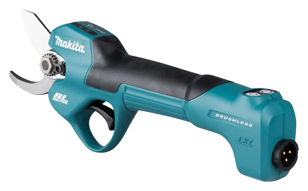 Pildil on kujutatud Makita akuga oksakäärid DUP180Z, millel on näha teravad lõiketerad ja ergonoomiline käepide.