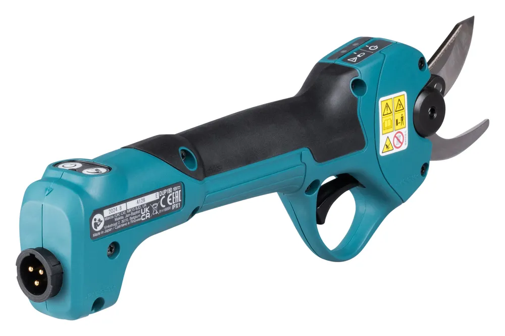 Pildil on näha Makita DUP180Z akuga oksakääride ülemine osa koos teraga ja juhtpaneeliga.