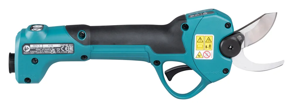 Pildil on näha Makita akuga oksakäärid DUP180Z, ilma aku ja laadijata, koos nende oluliste osade ja märgistustega.