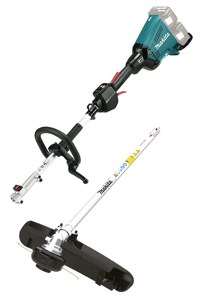Pildil on Makita vahetatavate tarvikutega akutrimmer DUX60ZM4 ilma aku ja laadijata, kus on näha trimmeri mootor, käepide...