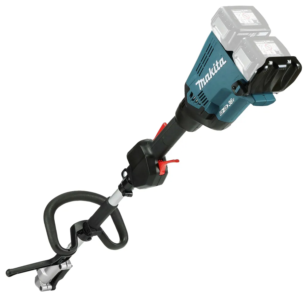 Pildil on näha Makita vahetatavate tarvikutega akutrimmer DUX60ZM4, ilma aku ja laadijata, millel on ergonoomiline...
