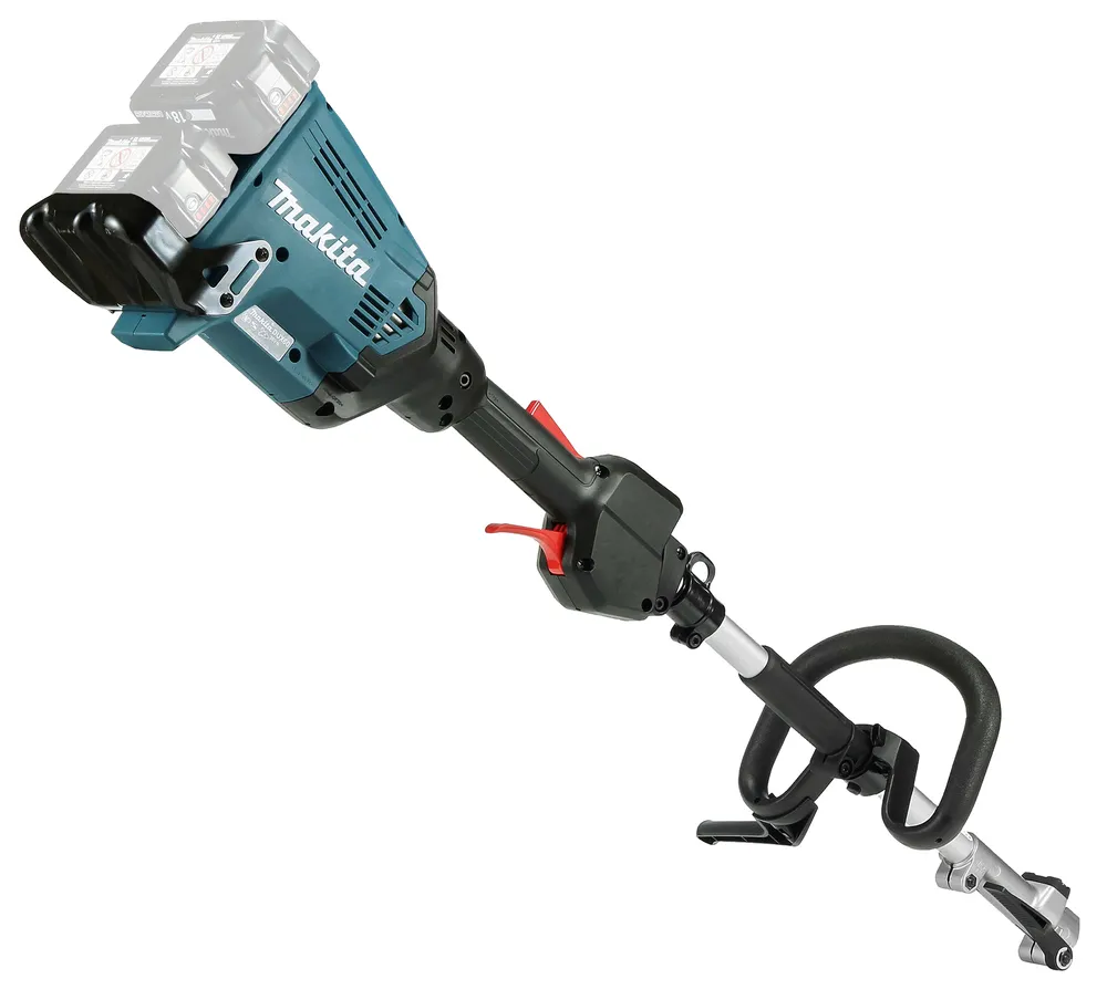 Pildil on Makita DUX60ZM4 vahetatavate tarvikutega akutrimmer koos kahe akuga.