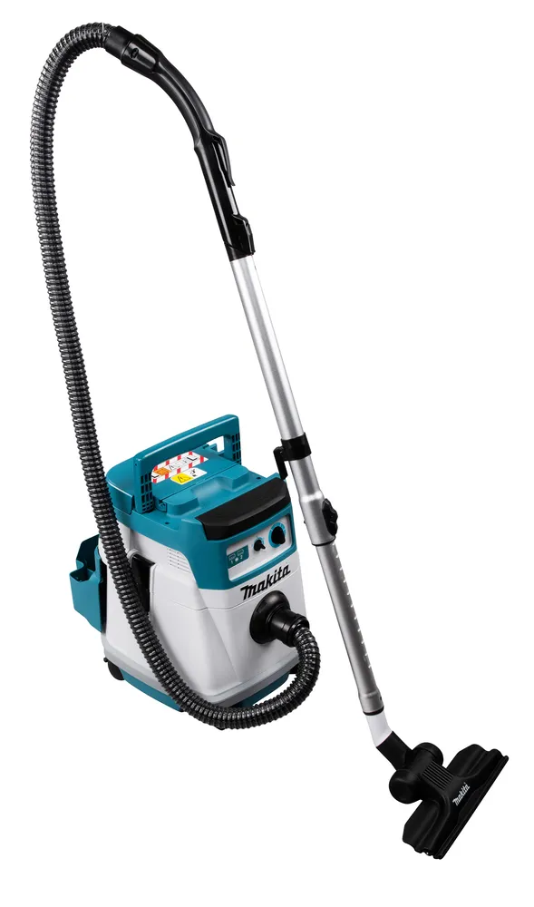 Pildil on Makita akutolmuimeja DVC156LZX1, mis koosneb tolmukogujast, torust ja otsakust.