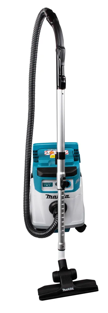 Pildil on Makita akutolmuimeja DVC156LZX1, koos vooliku, teleskooptoru ja otsikuga.
