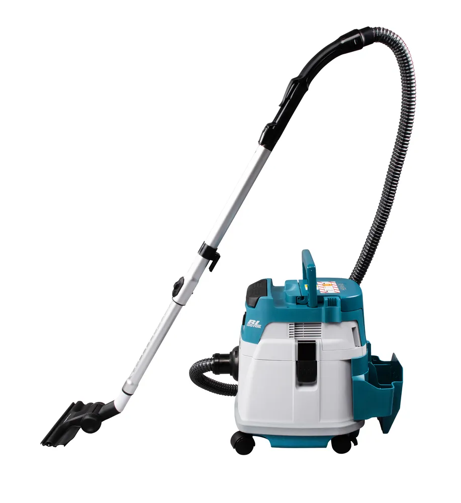 Pildil on Makita akutolmuimeja DVC156LZX1, ilma aku ja laadijata, millel on pikk toru ja voolik.