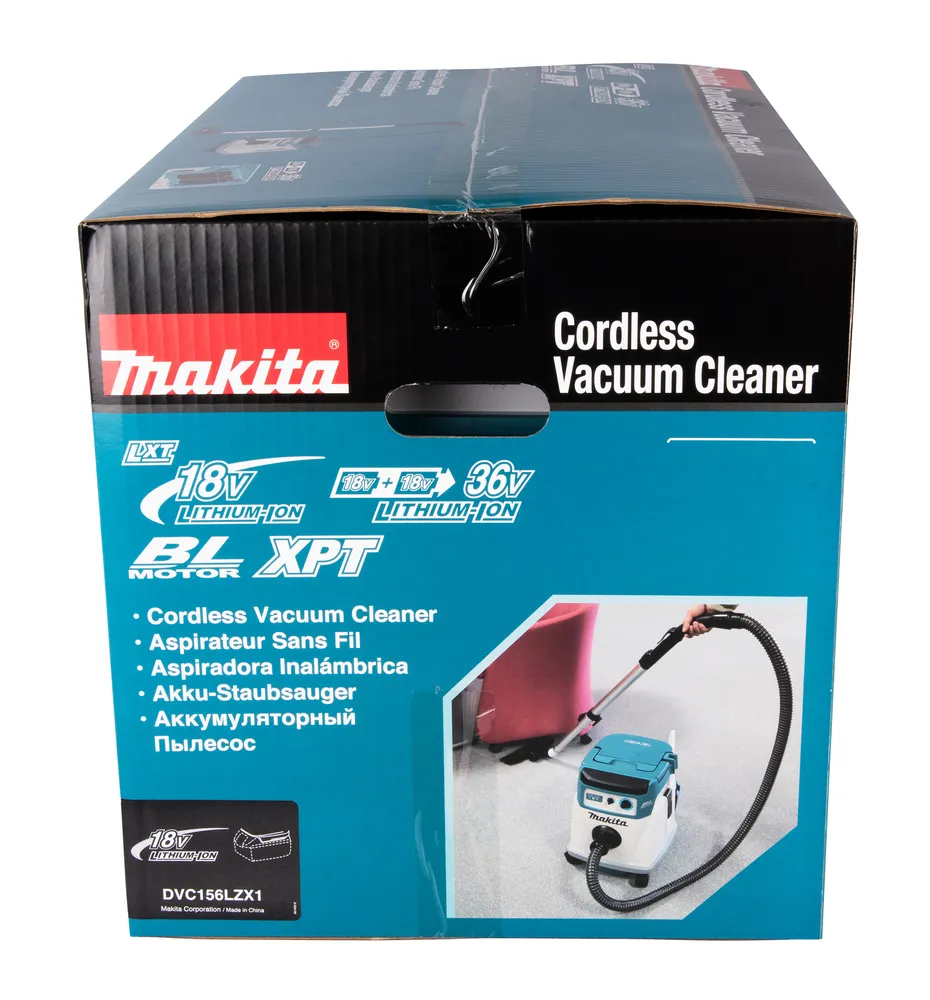 Pildil on näha Makita DVC156LZX1 akutolmuimeja pakend, millel on mitmekeelne pealdis ja pilt tolmuimejast töös.