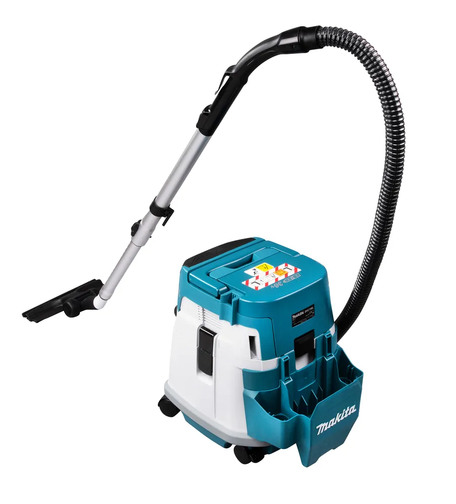 Pildil on Makita akutolmuimeja DVC156LZX1, mis on varustatud teleskoopvarre, vooliku ja harjaga.