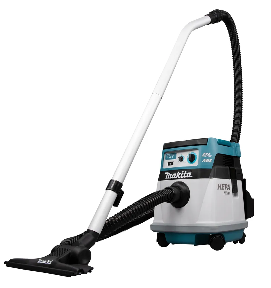 Pildil on Makita akutolmuimeja DVC157LZX3, mis on varustatud HEPA filtriga.