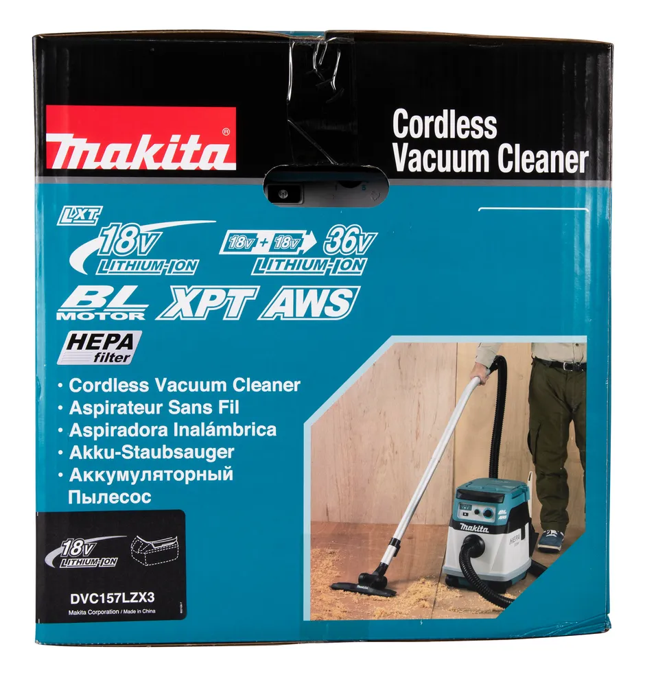 Pildil on Makita akutolmuimeja DVC157LZX3 karp, millel on selgelt näha brändi logo ja toote peamised omadused.