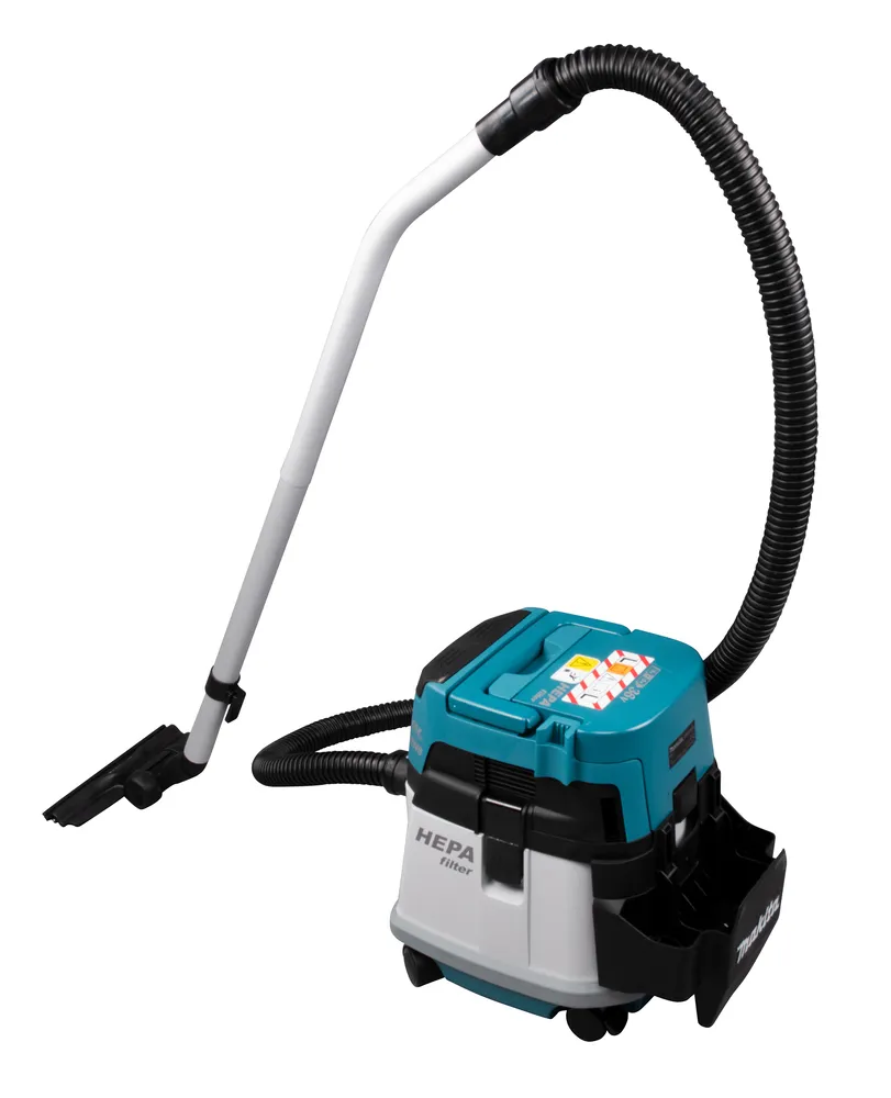 Pildil on Makita akutolmuimeja DVC157LZX3, millel on teleskoopvarras ja must voolik.
