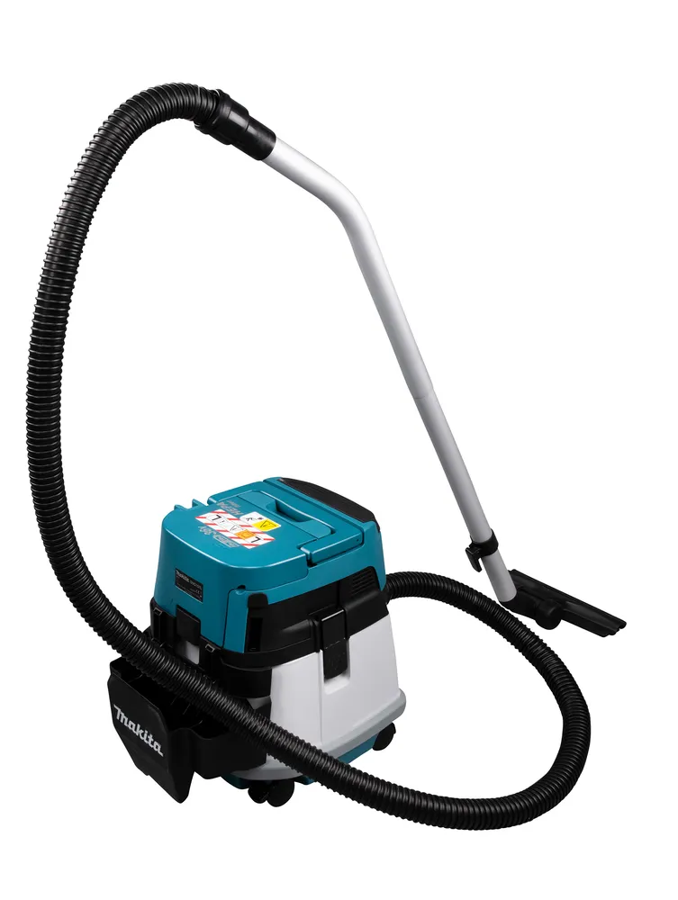 Pildil on Makita akutolmuimeja DVC157LZX3, mis koosneb tolmumahutist, voolikust ja torust.