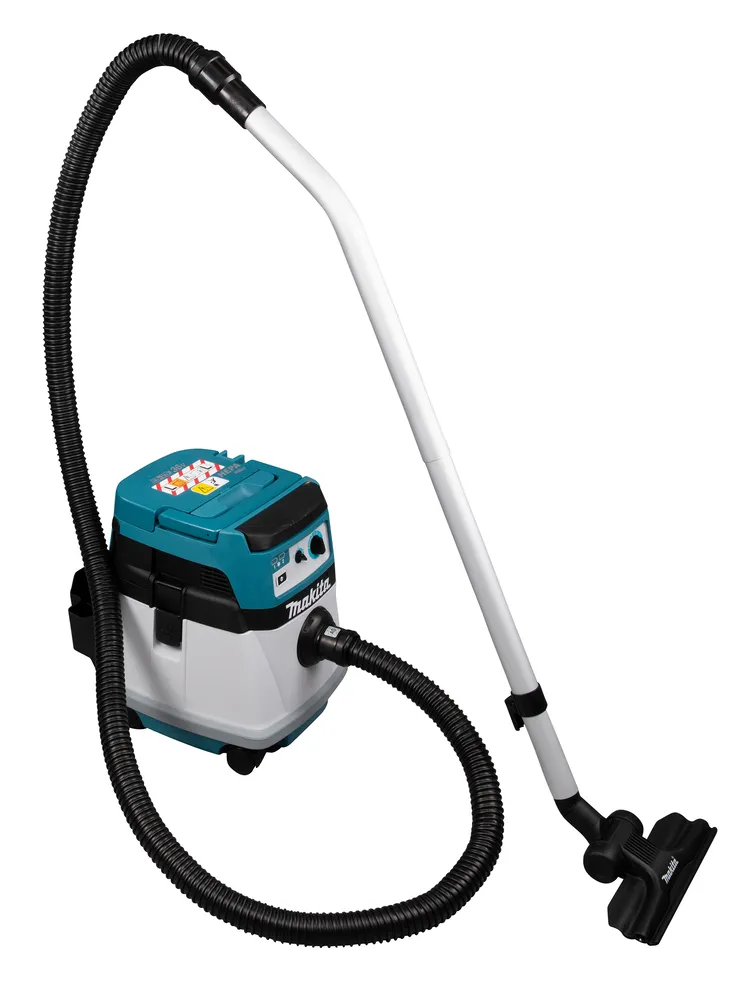 Pildil on Makita akutolmuimeja DVC157LZX3, ilma aku ja laadijata, koos vooliku, toru ja otsikuga.