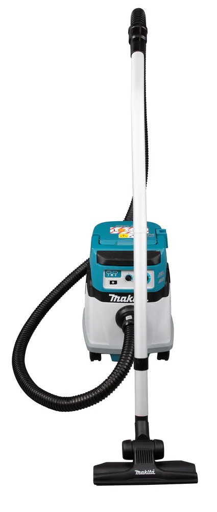 Pildil on Makita akutolmuimeja DVC157LZX3, millel on must voolik, valge toru ja imipea.