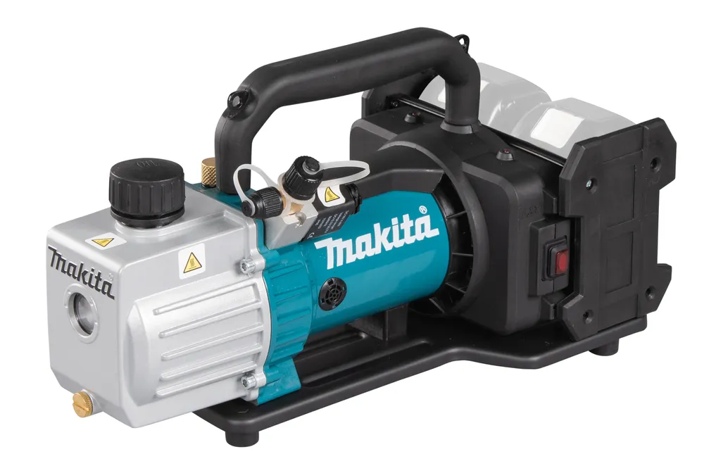 Pildil on näha Makita DVP181ZK akutoitel töötav vaakumpump, millel on must käepide ja selgelt eristuv türkiissinine...