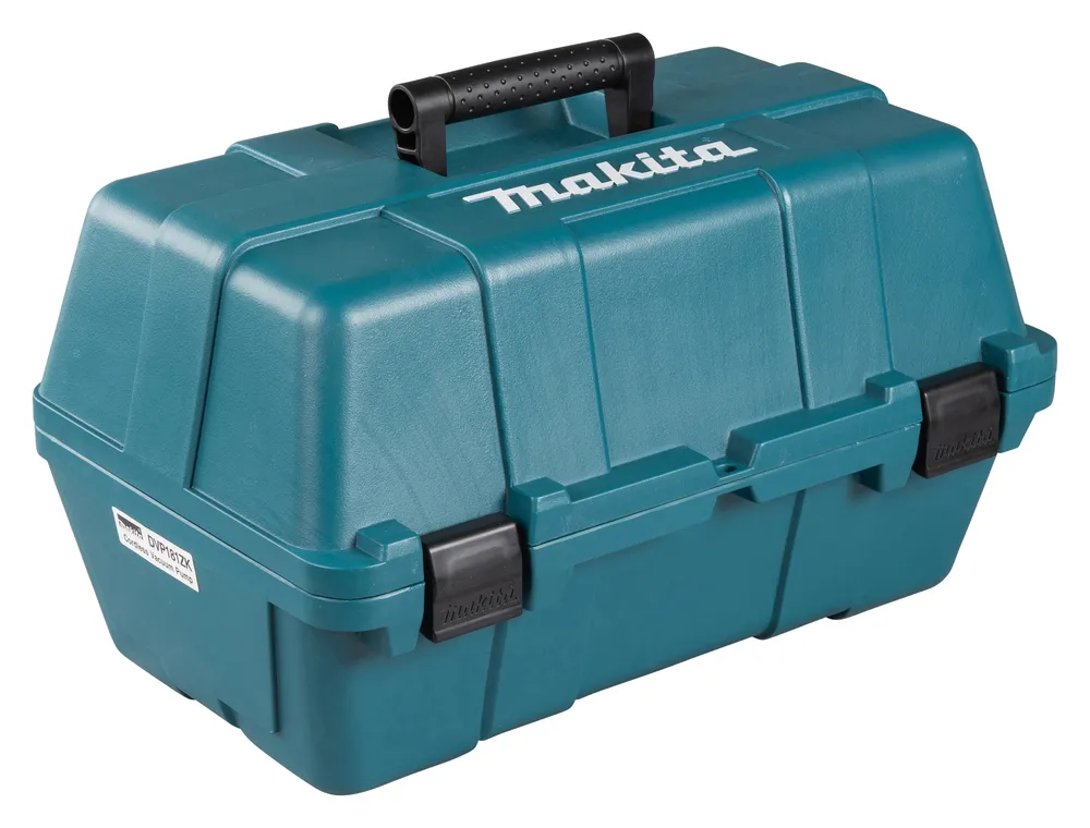 Pildil on näha Makita akutoitel vaakumpumba DVP181ZK sinine hoiukarp, mille kaanel on valge "Makita" logo.