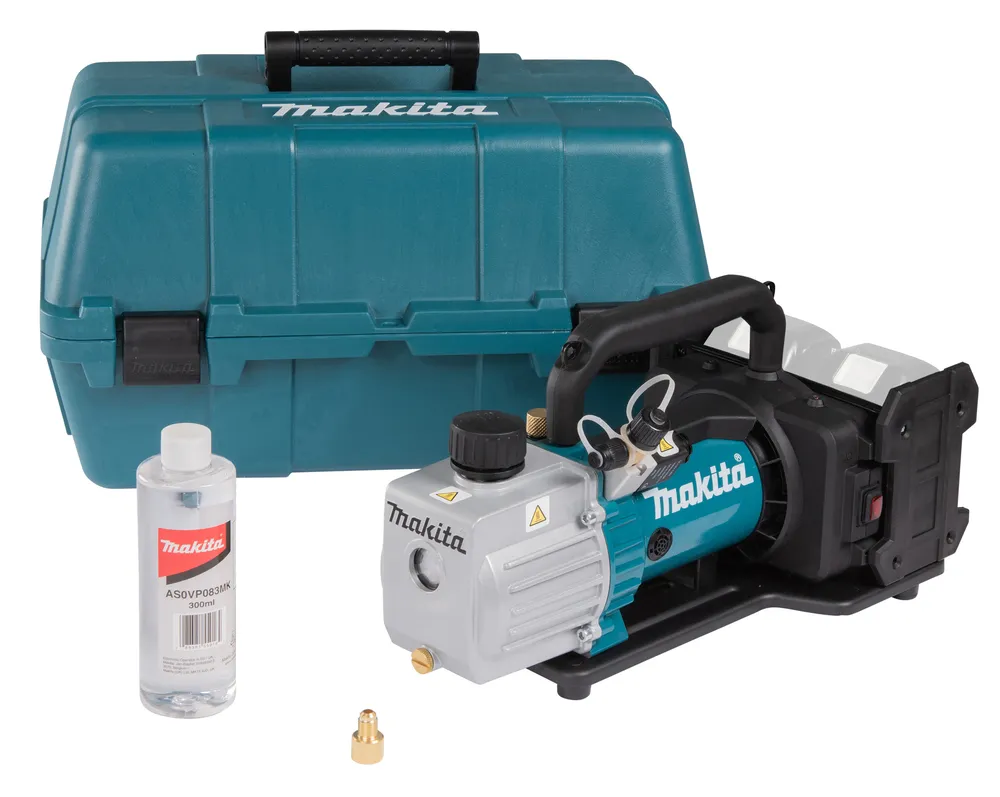 Pildil on Makita akutoitel vaakumpump DVP181ZK ilma aku ja laadijata, mis sisaldab ka tugevat sinist kohvrit, õlipudelit...