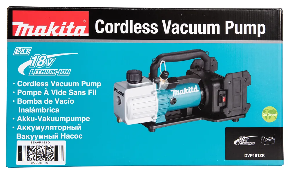 Pildil on näha Makita 18V LXT akutoitel vaakumpump DVP181ZK, mis on pakendil.