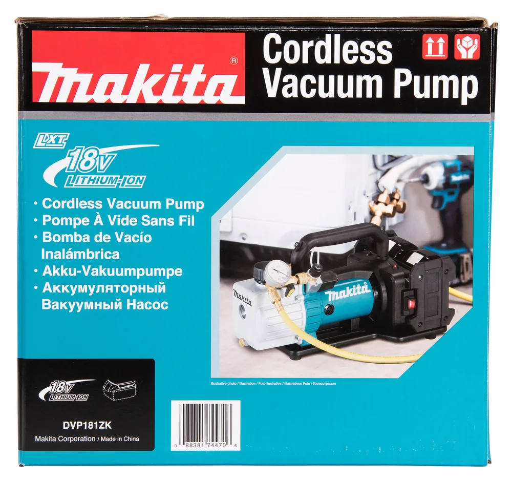 Pildil on Makita akutoitel vaakumpump DVP181ZK, mis on pakendatud karpi, millel on tooteinfo ja pilt seadmest.
