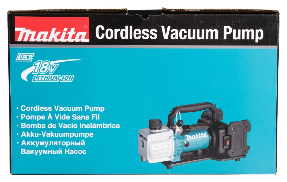Pildil on Makita akutoitel vaakumpump DVP181ZK, millel on märgitud ka "18V LITHIUM-ION".
