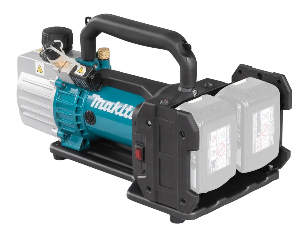 Pildil on Makita akutoitel vaakumpump DVP181ZK, millel on kaks akutoodetust ja käepide.