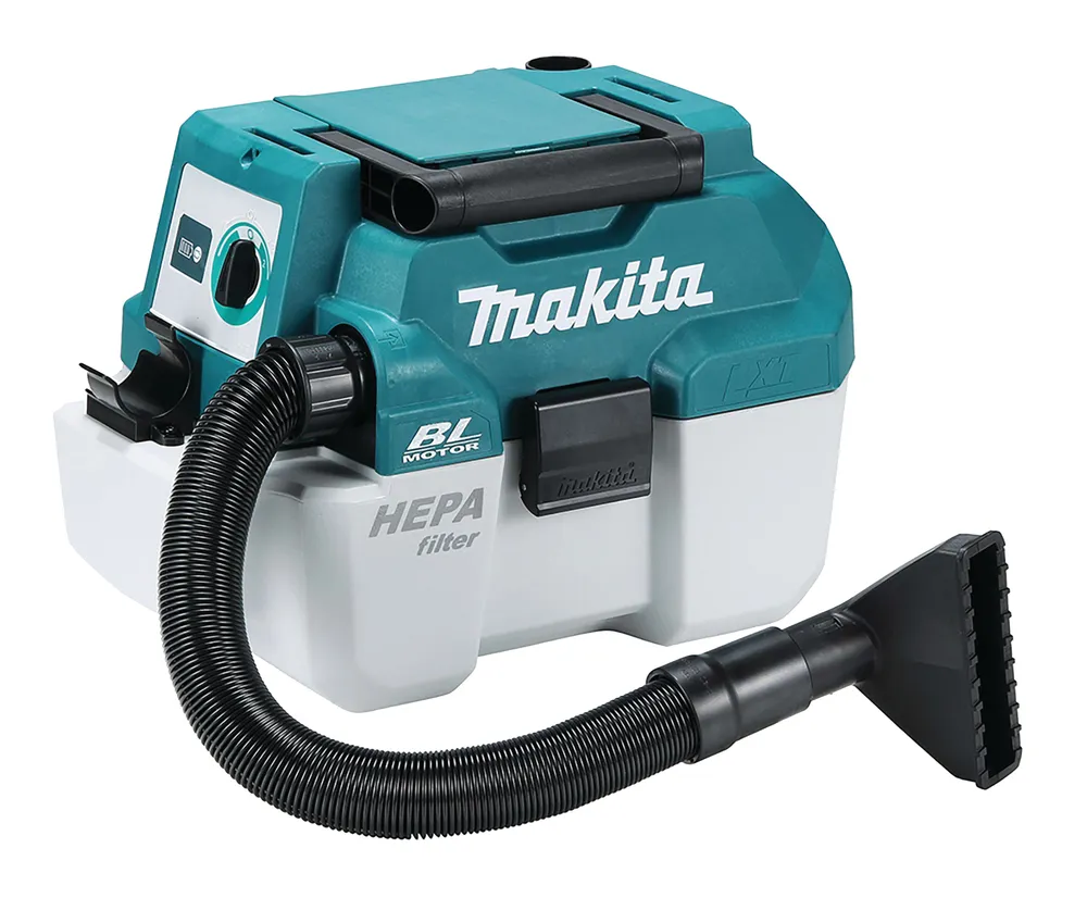 Pildil on näha Makita akuga vee- ja tolmuimeja DVC750LZ, mida iseloomustab selle kompaktsus ja HEPA filter.