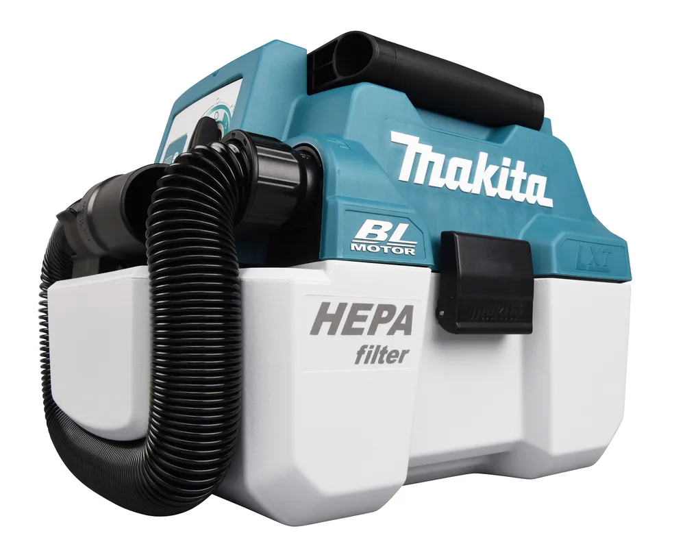 Pildil on Makita akuga vee- ja tolmuimeja DVC750LZ, millel on sinine ja valge korpus ning must imivoolik.