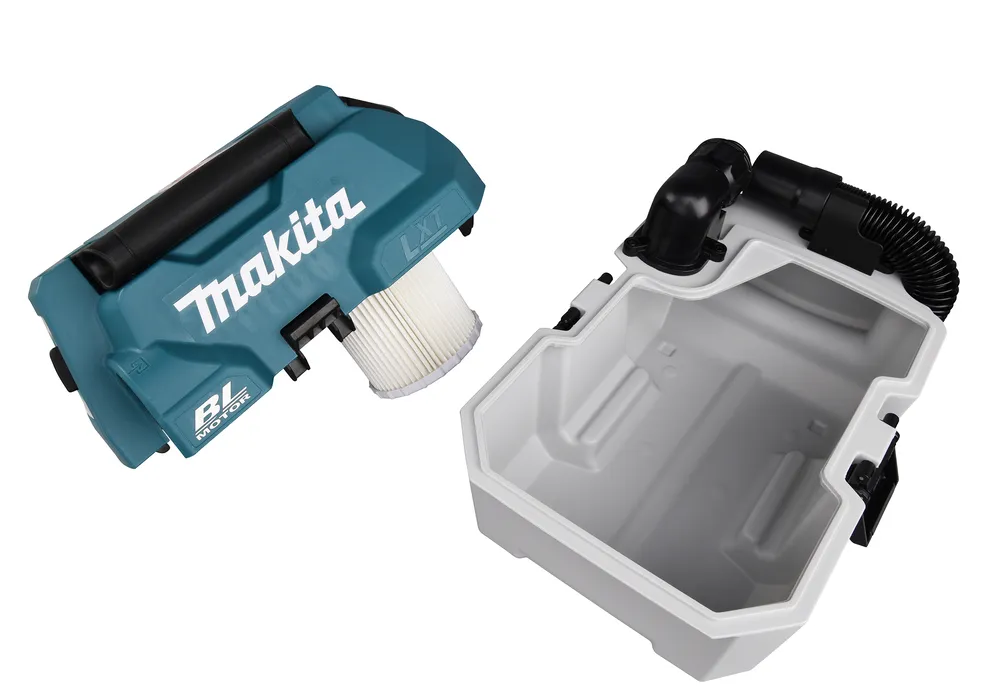 Pildil on näha Makita akuga vee- ja tolmuimeja DVC750LZ, mis koosneb peaosast filtri ja käepidemega ning tühjast mahutist...