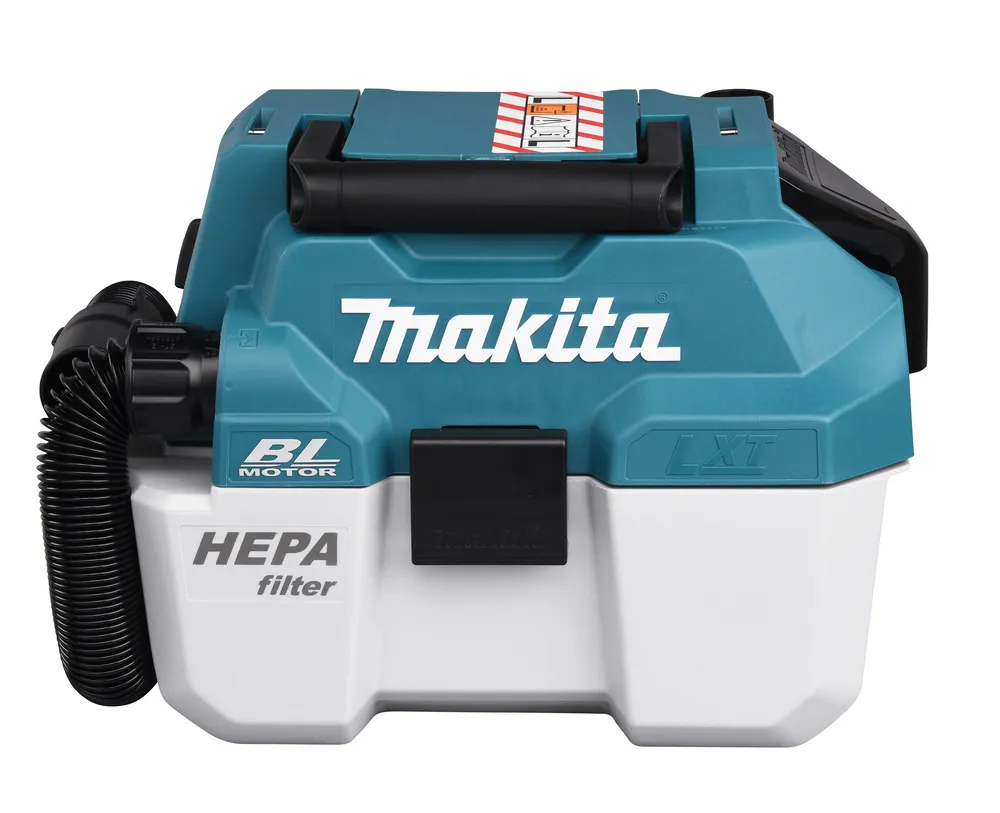 Pildil on Makita akuga vee- ja tolmuimeja DVC750LZ, millel on HEPA filter ja BL mootor.