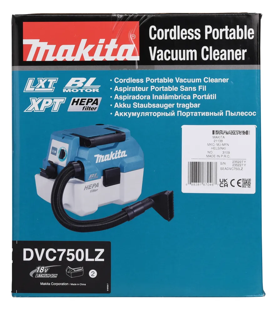 Pildil on näha Makita akuga vee- ja tolmuimeja DVC750LZ pakend, millel on toote nimetus ja omadused.