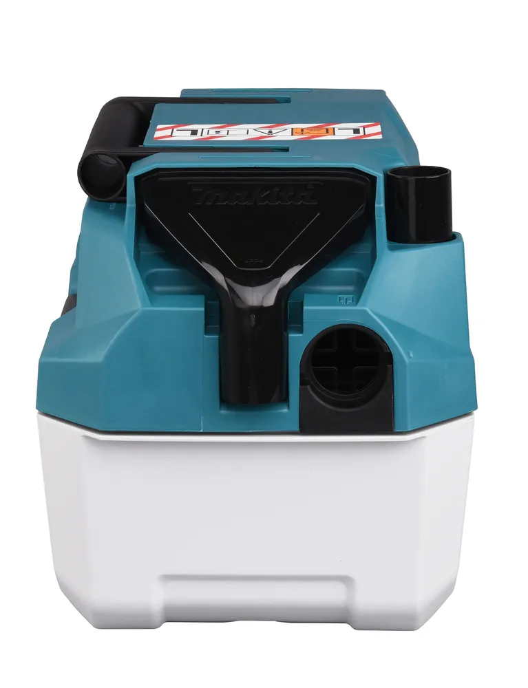 Pildil on Makita akuga vee- ja tolmuimeja DVC750LZ, millel on sinine ja valge korpus ning must käepide ja imitoru.