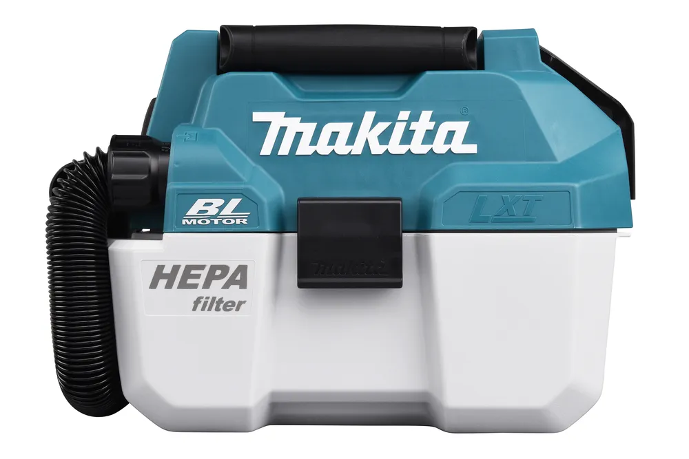 Pildil on Makita akuga vee- ja tolmuimeja DVC750LZ, mis on varustatud HEPA filtriga.