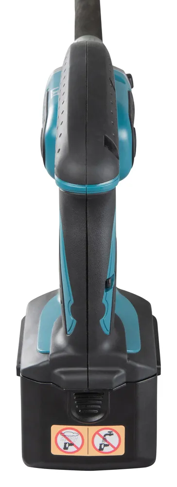 Pildil on Makita akubetoonivibraator DVR850Z, millel on must ja türkiissinine korpus ning kaks ohutusmärki.