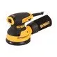 Pildil on DeWalt DWE6423 ekstsentriklihvija, millel on must ja kollane disain ning tolmukott.