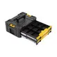 Pildil on DeWalt TSTAK 440 x 310 x 176 mm sahtlitega tööriistakohver, millel on avatud sahtlid ja pealmine hoiupesa.
