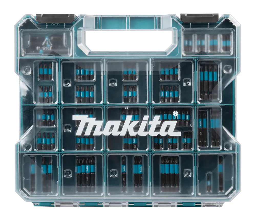 Pildil on kujutatud Makita IMPACT BLACK 100-osaline otsakute komplekt, mis on paigutatud läbipaistvasse hoiukarpi.