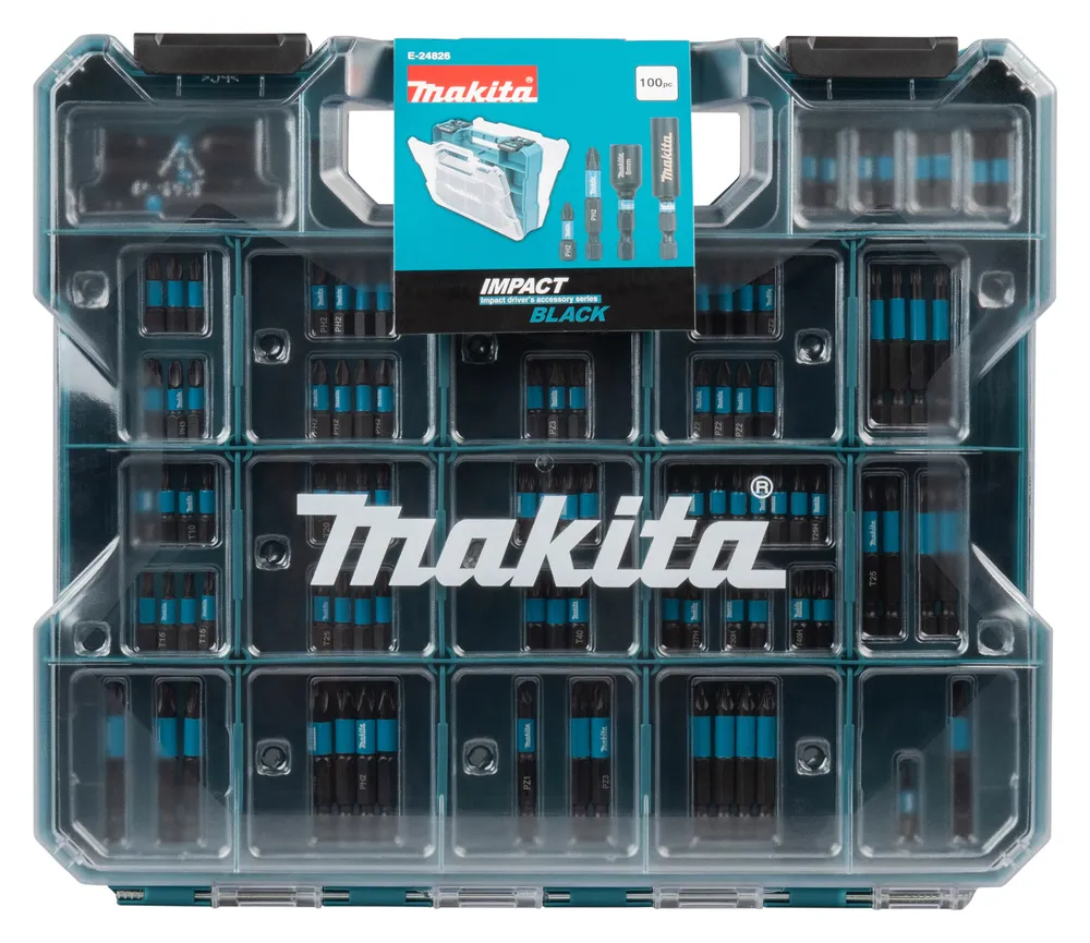Pildil on näha 100-osaline Makita IMPACT BLACK otsakute komplekt hoiukarbis.