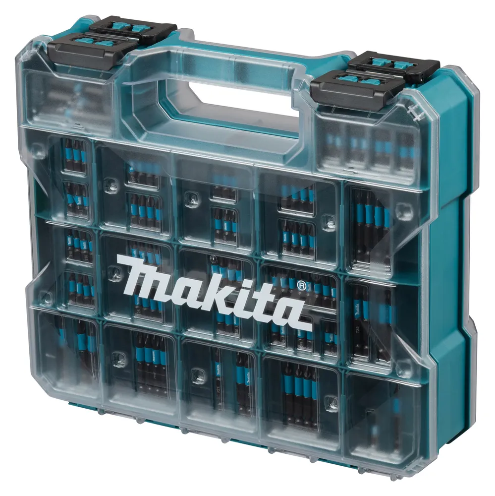 Pildil on Makita IMPACT BLACK 100-osaline otsakute komplekt, mis on korraldatud läbipaistvas kohvris.