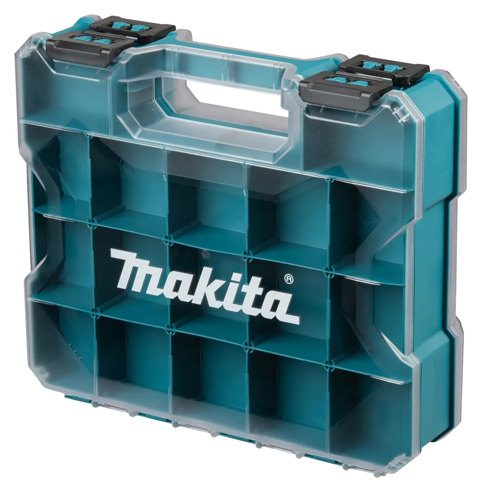 Pildil on näha Makita märgiga organiseerimiskarpi, mille sees on erineva suurusega sektsioonid erinevate tööriistade...