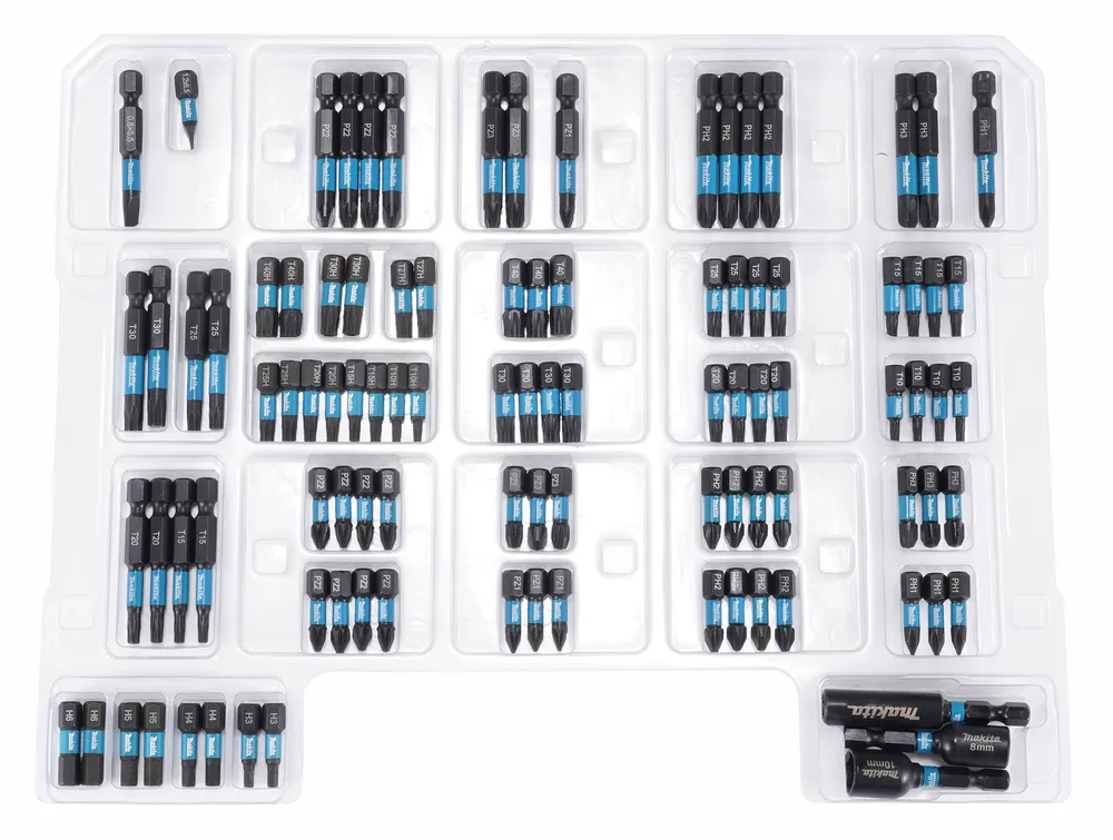 Pildil on näha Makita otsakute komplekt IMPACT BLACK 100-osaline, mis sisaldab mitmeid erinevaid kruviotsakuid...