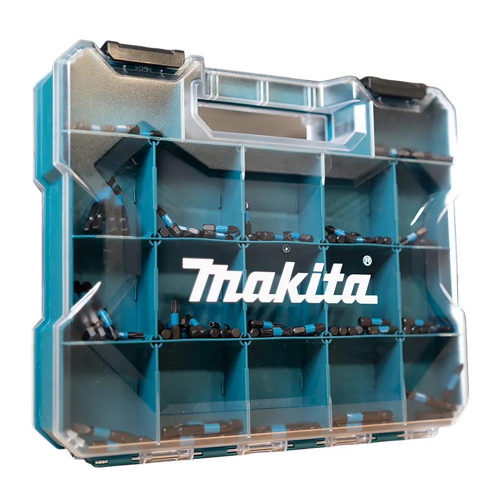 Pildil on avatud Makita IMPACT BLACK 100-osaline otsakute komplekt, mille sees on mitmekülgne valik otsakuid erinevates...
