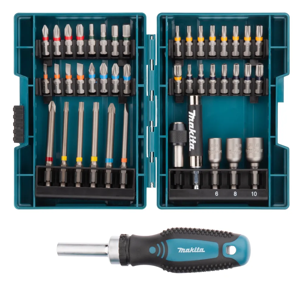 Pildil on Makita otsakkruvitsa komplekt 44-osaline koos tarvikute ja hoiukarbiga.