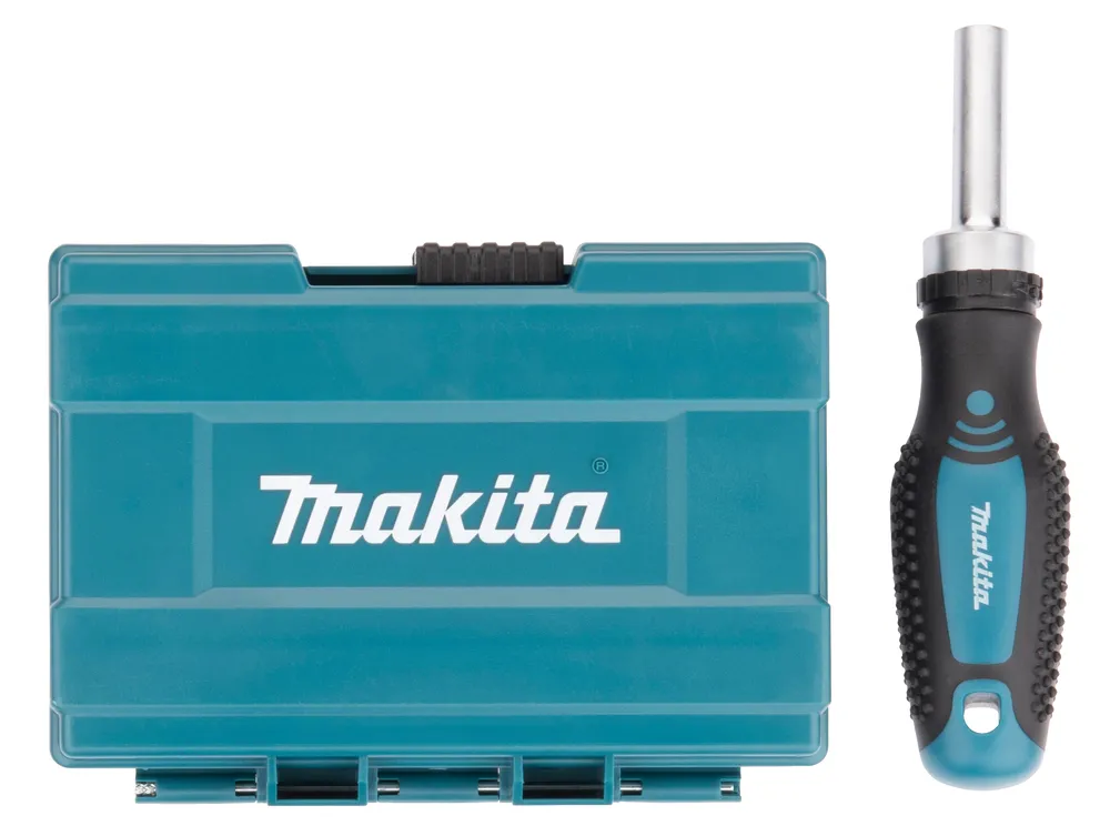 Pildil on Makita otsakkruvitsa komplekt, mis koosneb sinisest karbist ja selle kõrval olevast kruvikeerajast.
