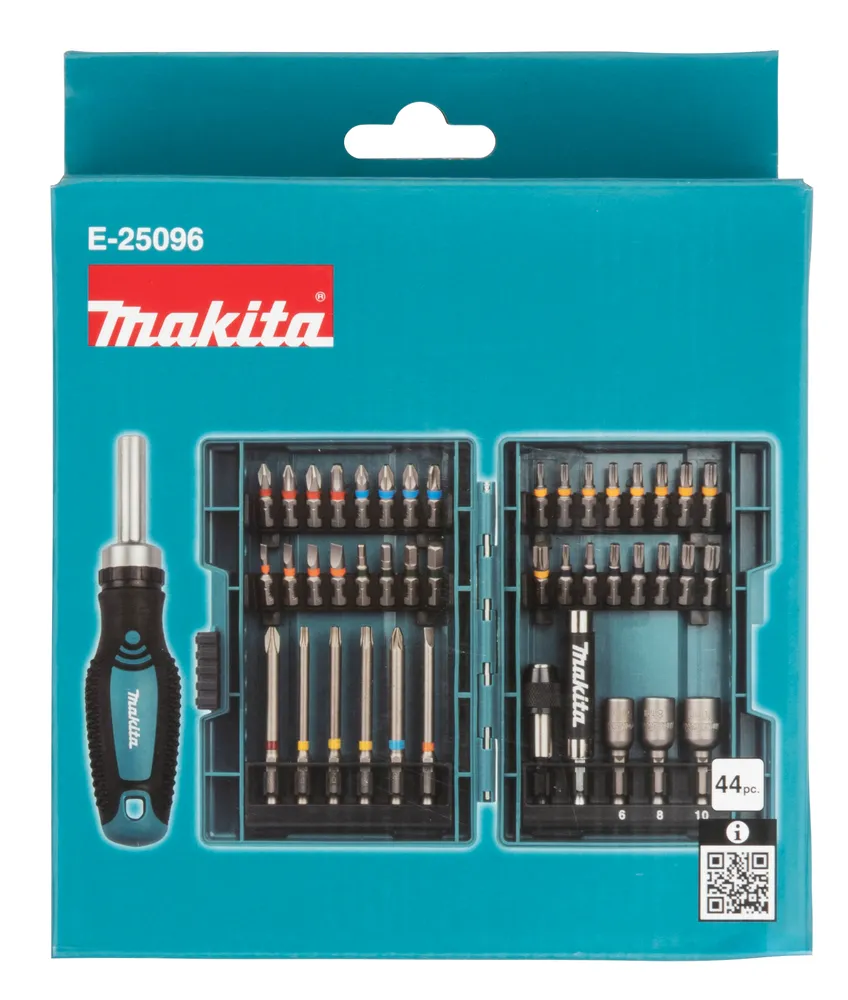 Pildil on Makita 44-osaline otsakkruvitsa komplekt, mis sisaldab mitmesuguseid otsikuid ja aksessuaare.