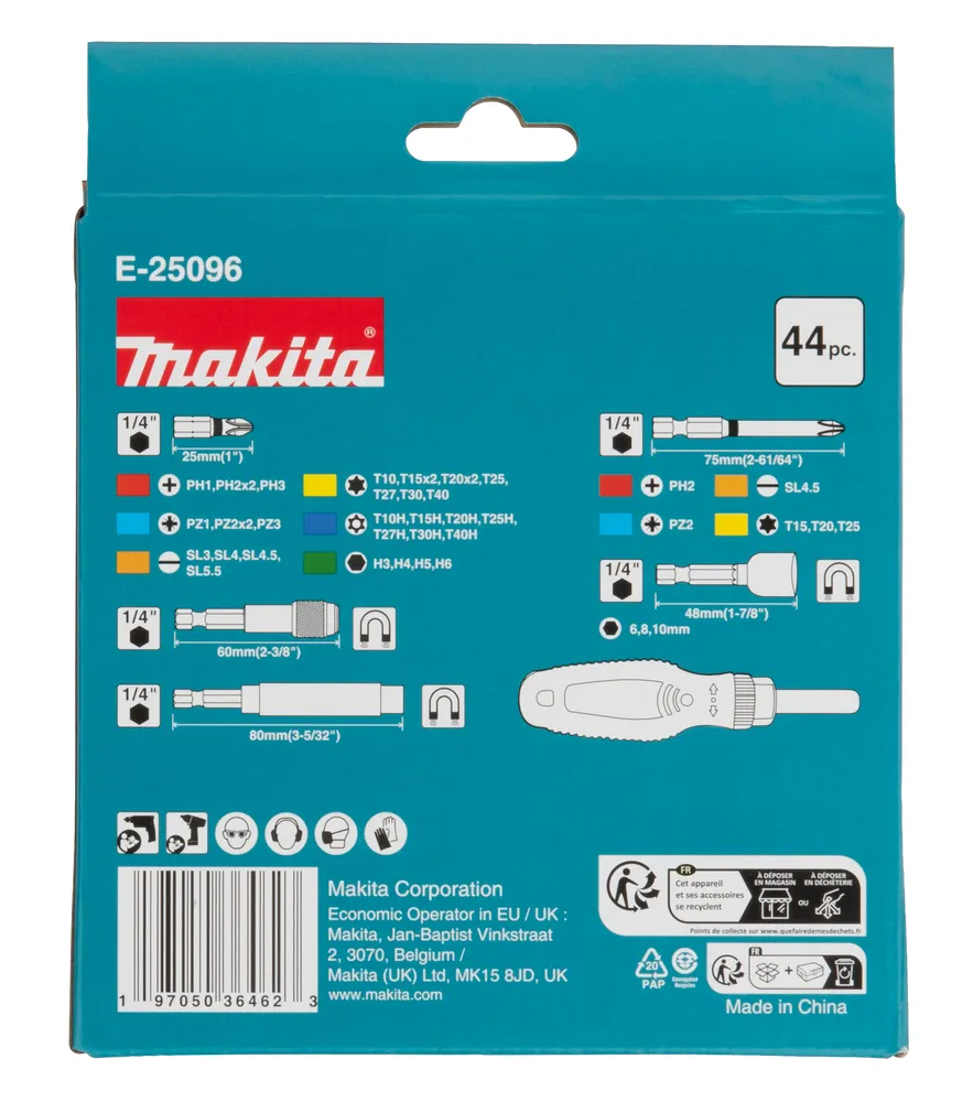 Pildil on näha Makita 44-osaline otsakkruvitsa komplekt, mis sisaldab mitmesuguseid otsakuid ja tarvikuid.