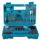 Pildil on Makita E-10730 tarvikute komplekt, mis sisaldab erinevaid puure, otsikuid, mõõdulinti ja muid tööriistu.